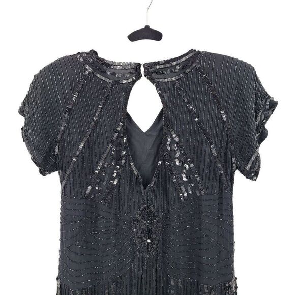 Vintage 80s Silk Black Beaded Sequined Short Sleeve Flapper Dress Sz M Cutout - Picture 11 of 14
